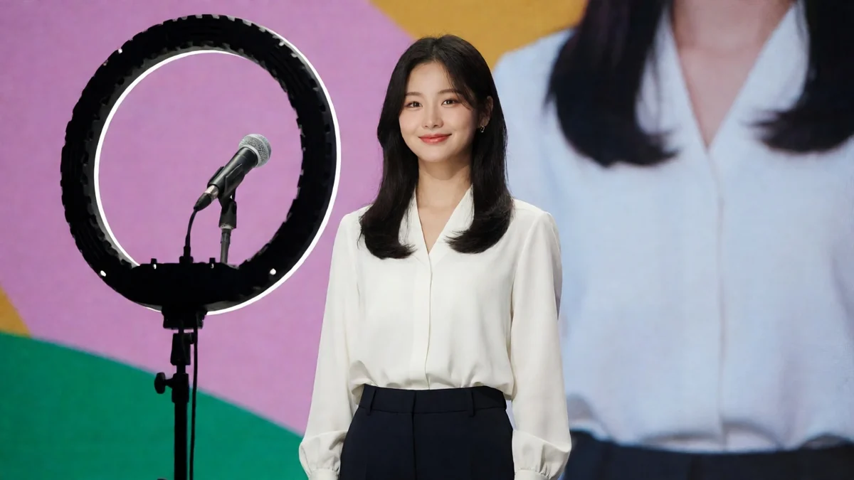 美女直播栏目主题图：成年女主播站在环形灯和麦克风前