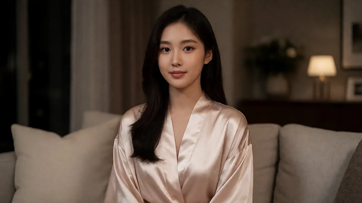 私密短片栏目主题图：成年女性穿缎面外袍坐在暖光客厅