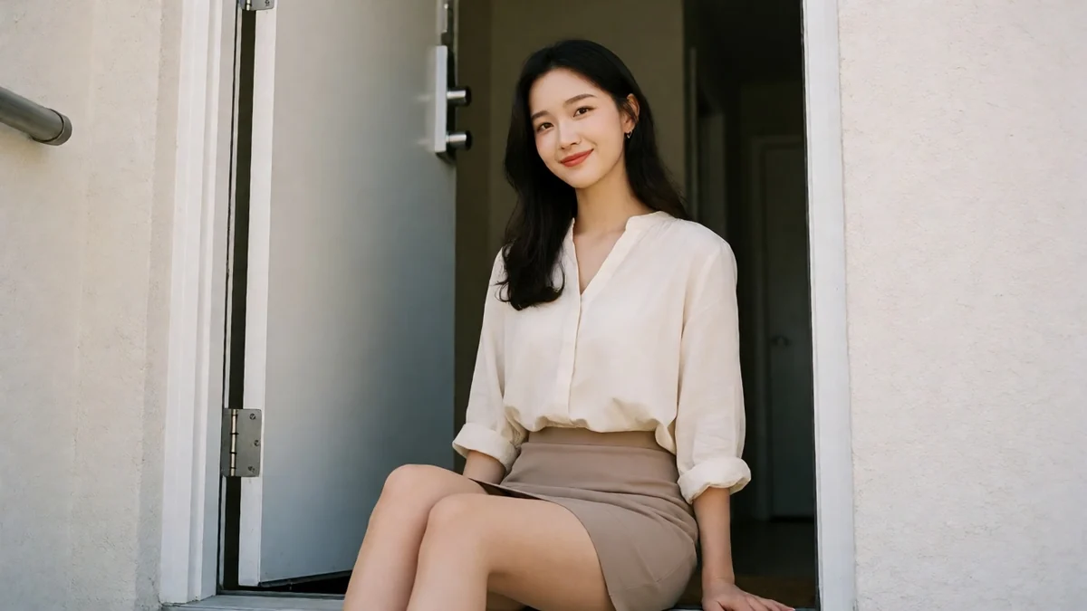 邻家女友栏目主题图：成年女性穿休闲上衣和短裙站在阳光照亮的门廊