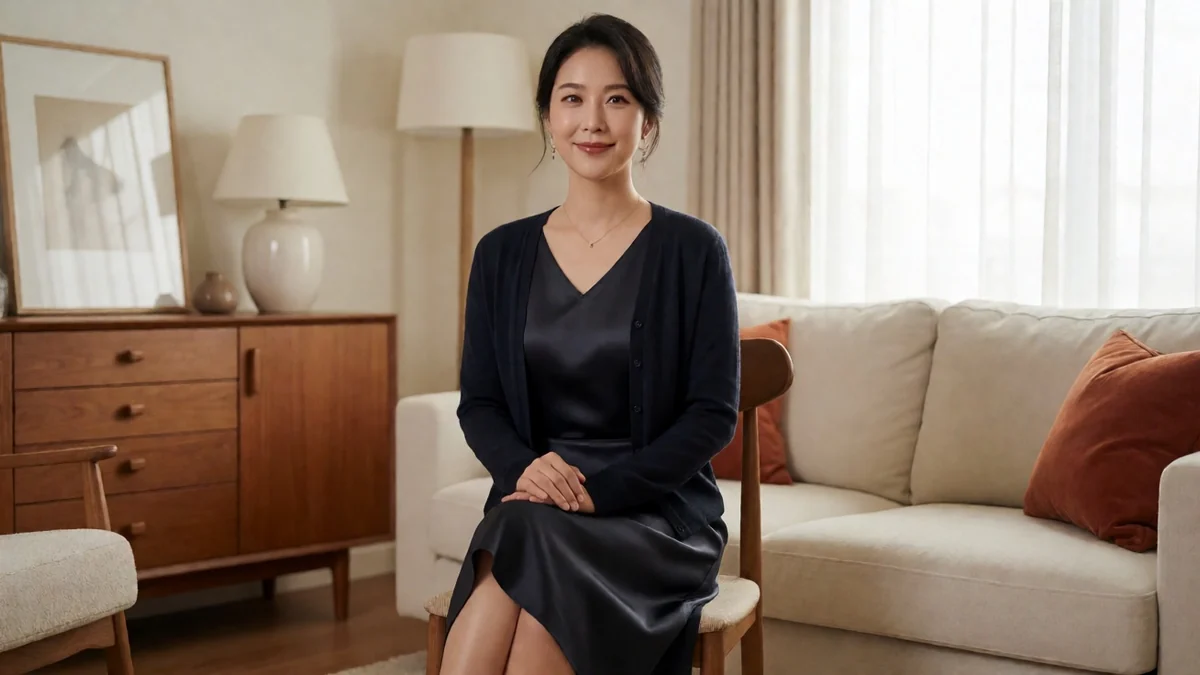 成熟人妻栏目主题图：成年女性穿深色连衣裙坐在居家客厅