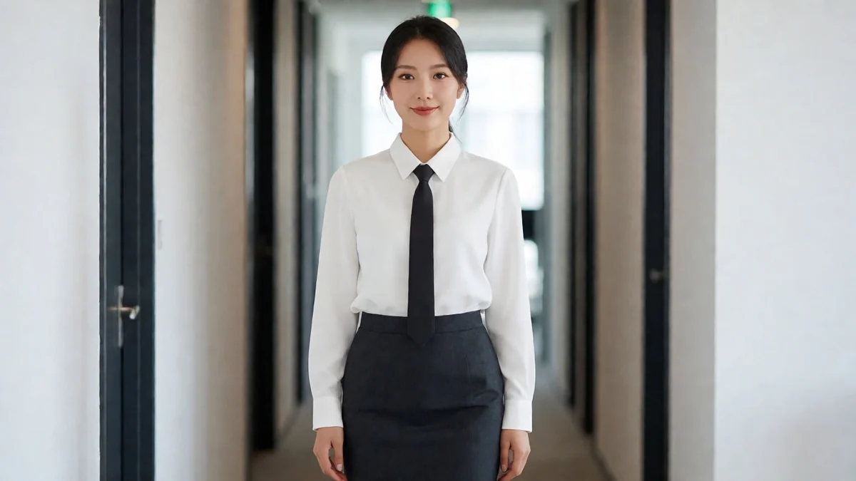 制服女郎栏目主题图：成年女性穿白衬衫和深色裙站在办公室走廊