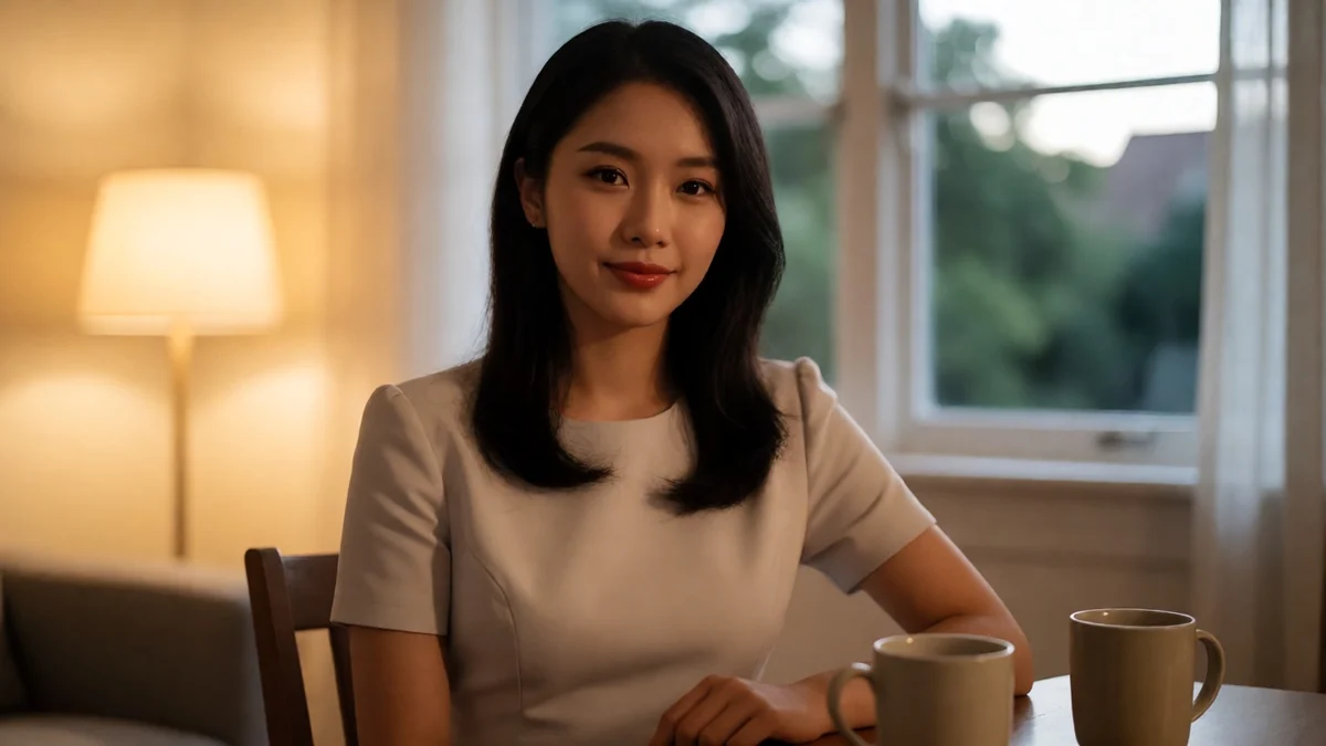 甜美女友夜间片单主题图：成年女性穿浅色连衣裙坐在暖灯旁的室内窗边